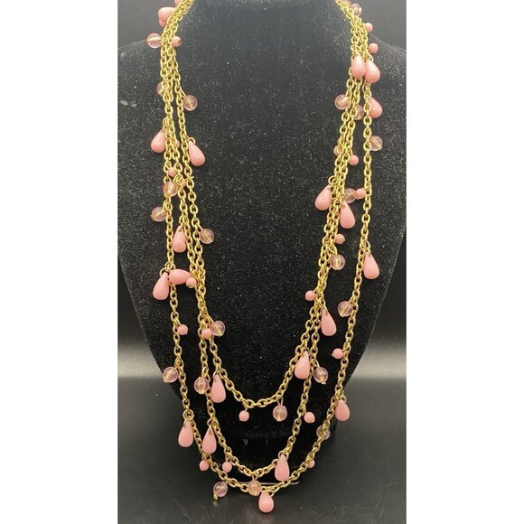 Pink 60" Necklace Barbiecore Teardrop Round Clear Dangles Gold Tone Cable Chain - Picture 2 of 5